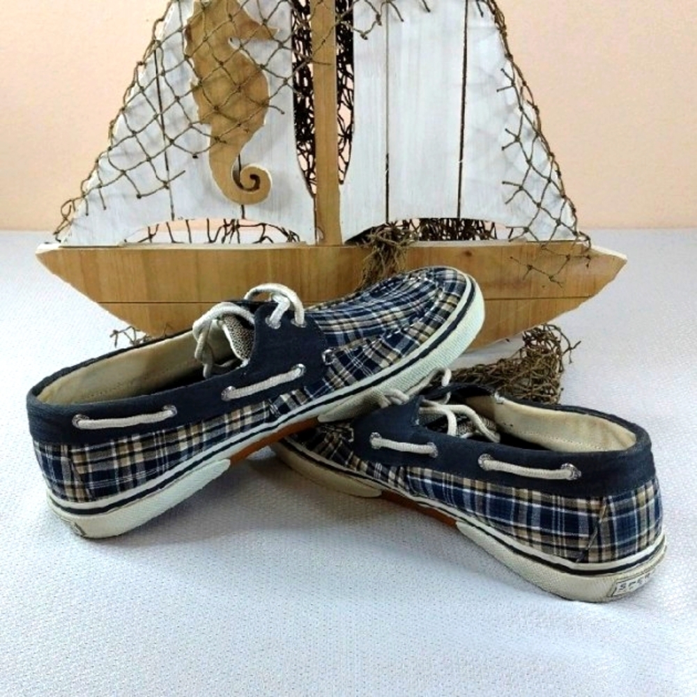 Sperry Navy and White Plaid Boat Shoes Canvas Mens 11.5 Top Sider Traction